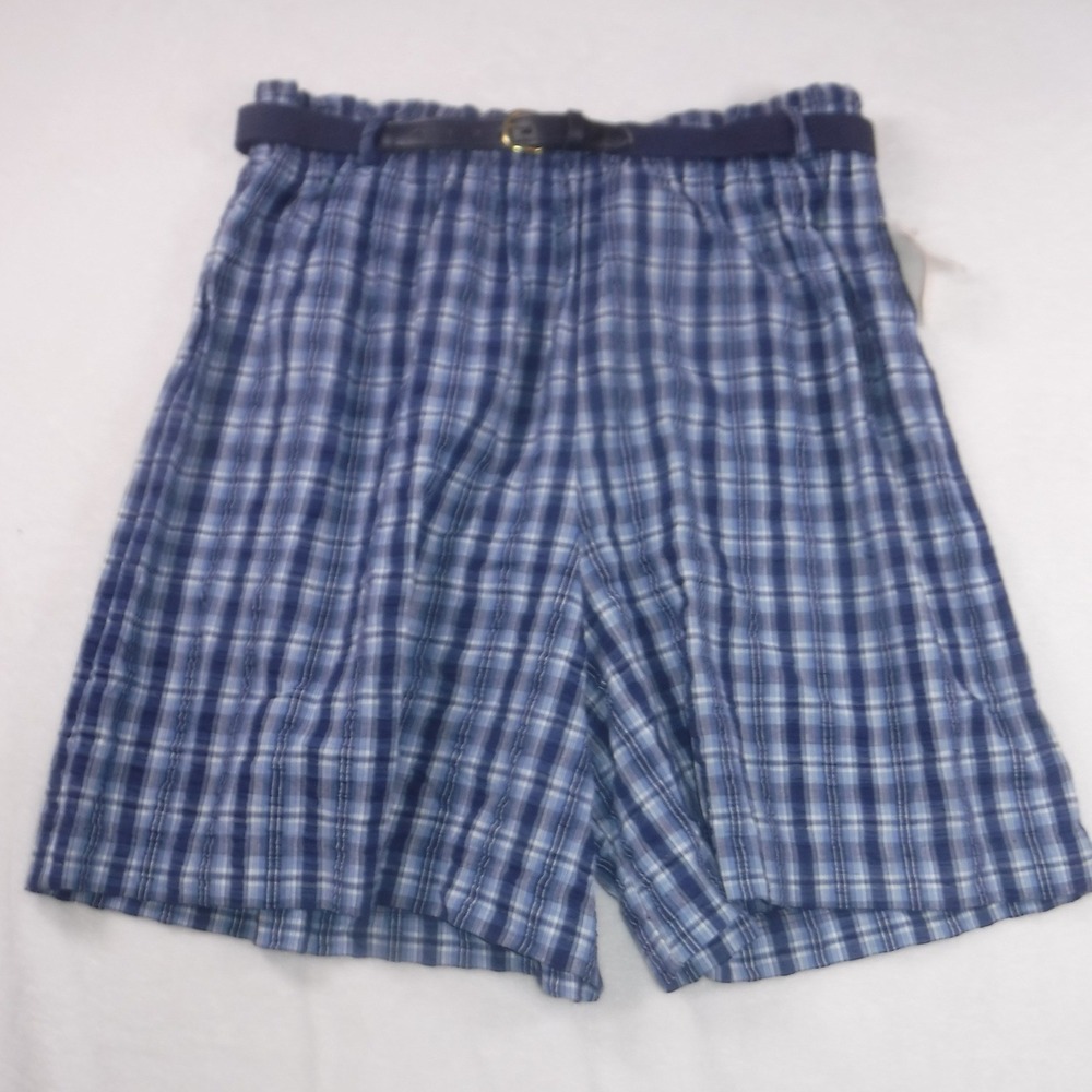Vintage Lindsay Gee Plaid Seersucker Shorts Blue White Belted High Waist XL USA